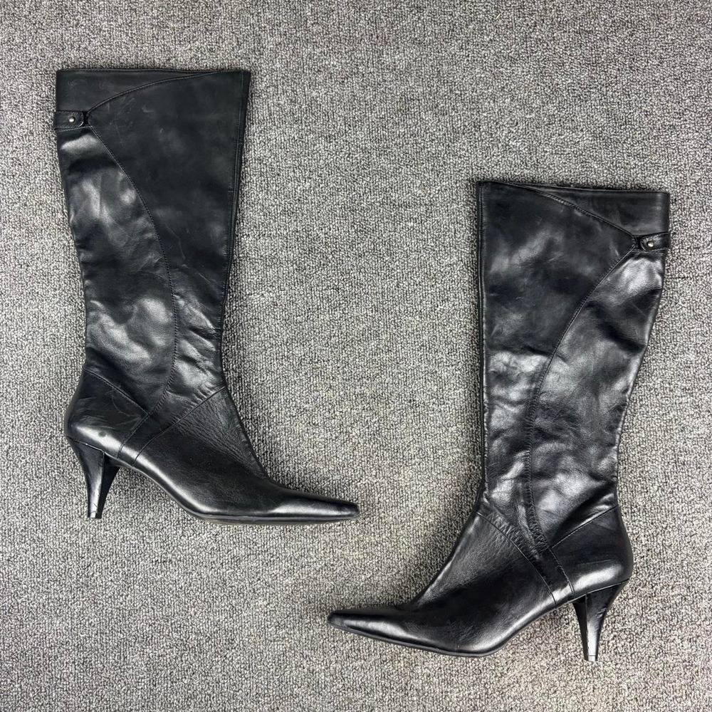 Nine West Women's Black Leather Knee High Pointed Toe Heel Boots Size 9.5M